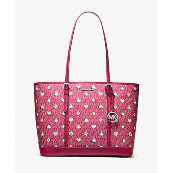 Michael Kors Outlet Jet Set Large Printed Signature Logo DK RASPBERRY Tote Bag - Picture 1 of 3